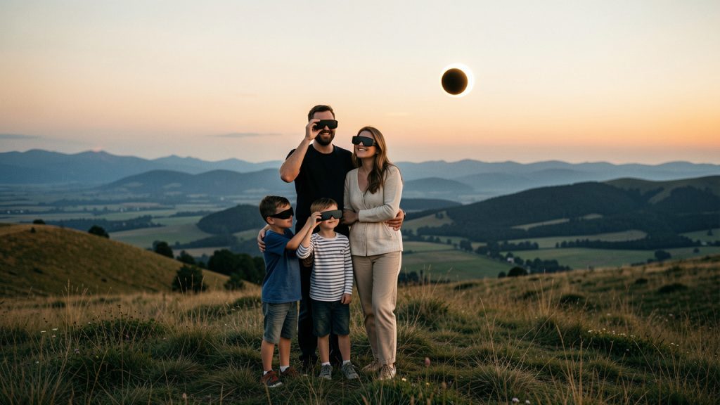 Une famille observe une éclipse solaire avec des lunettes de protection depuis une colline verdoyante au coucher du soleil, dans un paysage naturel dégagé.
