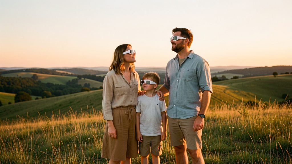 Une femme, un homme et un jeune enfant réunis sur une colline herbeuse au coucher du soleil, portant des lunettes d’éclipse et observant l’horizon ouest dégagé dans une ambiance estivale.