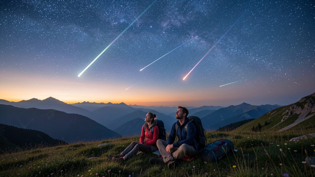 Une femme et un homme randonneurs assis dans une prairie d’altitude au crépuscule, observant un ciel étoilé traversé de météores des Perséides.