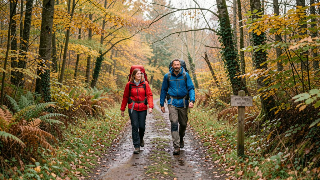 Trois randonneurs en vêtements colorés marchent sur un sentier forestier français au début de l’automne, près d’un discret repère en bois.