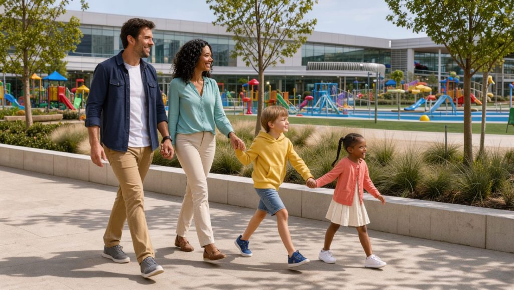 Une famille composée de deux adultes et de deux enfants marche joyeusement devant un complexe de loisirs lumineux et accueillant à Dorlisheim.
