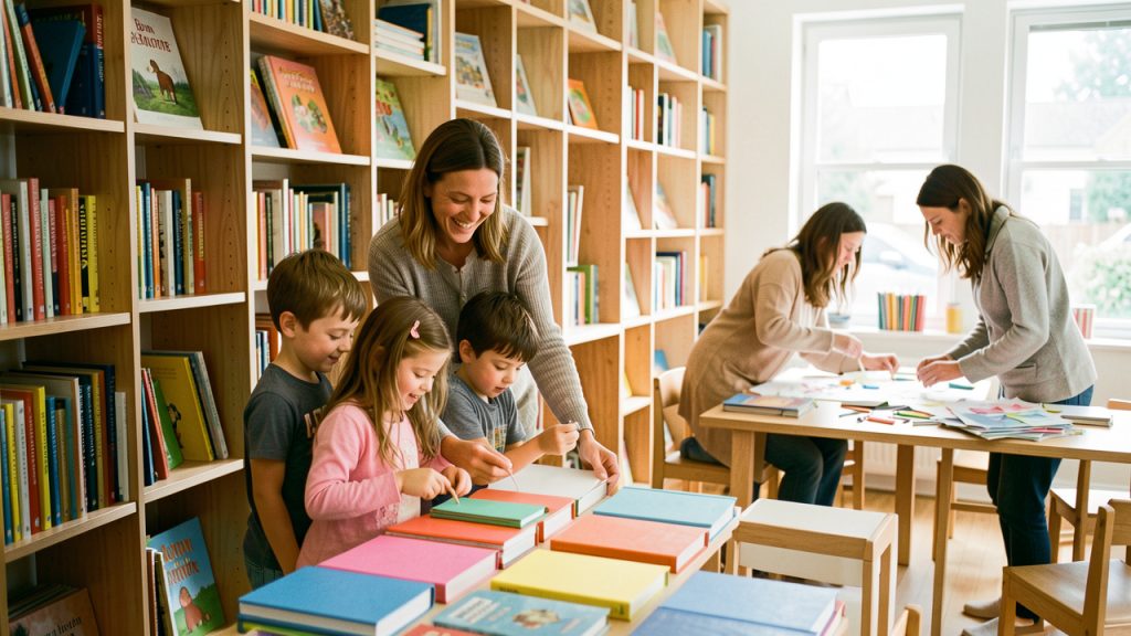 Une médiathèque lumineuse et chaleureuse à Bon-Encontre, où une femme et un homme accompagnent une fille et un garçon dans le choix de livres aux couvertures vierges, tandis qu’une autre femme anime un atelier créatif.