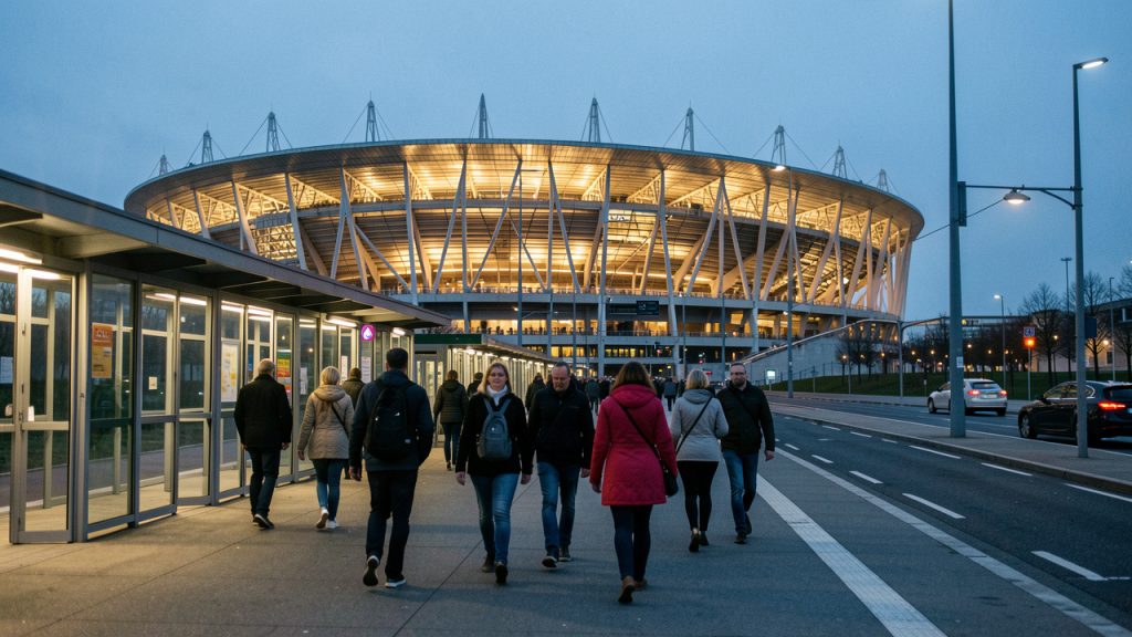Vue réaliste du Stade de France à Saint-Denis au début de la soirée, avec des hommes et des femmes marchant depuis une gare RER vers le stade avant un concert.